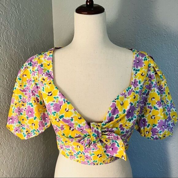 River Island Floral Print Puff Sleeve Crop Top, Yellow/Purple, Small/Size 4, NWT - Picture 13 of 15